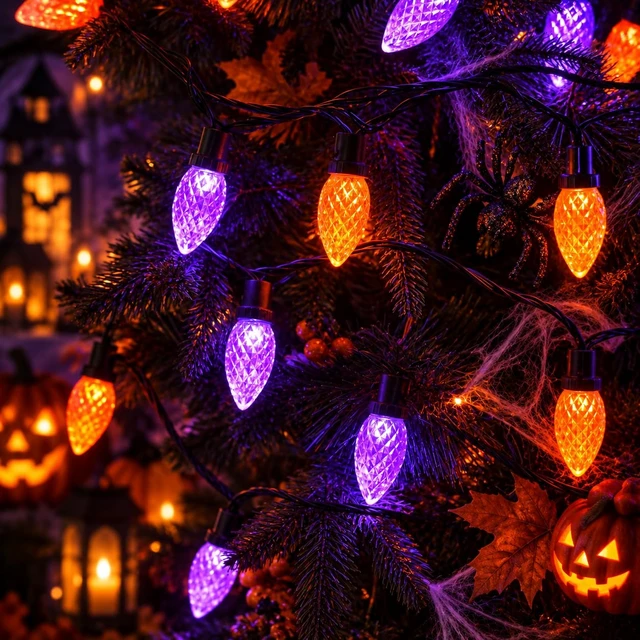 Alt view image 3 of 6 - 2PK C9 Orange Purple Halloween String Light Plug in 86FT 100LED | IP44 Waterproof, 13 Lighting Modes, Timer, Extendable, Twinkle Halloween Lights Outdoor for Yard Party halloween decorations