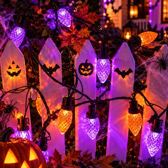Alt view image 4 of 6 - 2PK C9 Orange Purple Halloween String Light Plug in 86FT 100LED | IP44 Waterproof, 13 Lighting Modes, Timer, Extendable, Twinkle Halloween Lights Outdoor for Yard Party halloween decorations