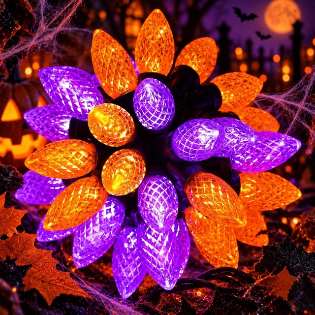 Alt view image 5 of 6 - 2PK C9 Orange Purple Halloween String Light Plug in 86FT 100LED | IP44 Waterproof, 13 Lighting Modes, Timer, Extendable, Twinkle Halloween Lights Outdoor for Yard Party halloween decorations