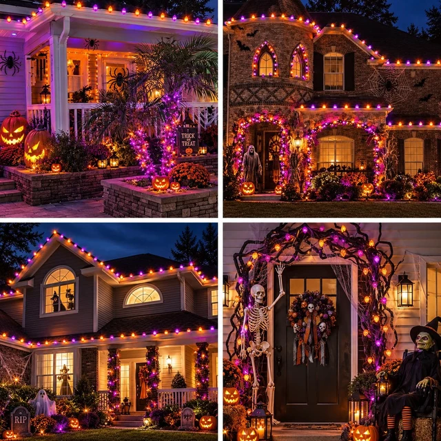Alt view image 6 of 6 - 2PK C9 Orange Purple Halloween String Light Plug in 86FT 100LED | IP44 Waterproof, 13 Lighting Modes, Timer, Extendable, Twinkle Halloween Lights Outdoor for Yard Party halloween decorations