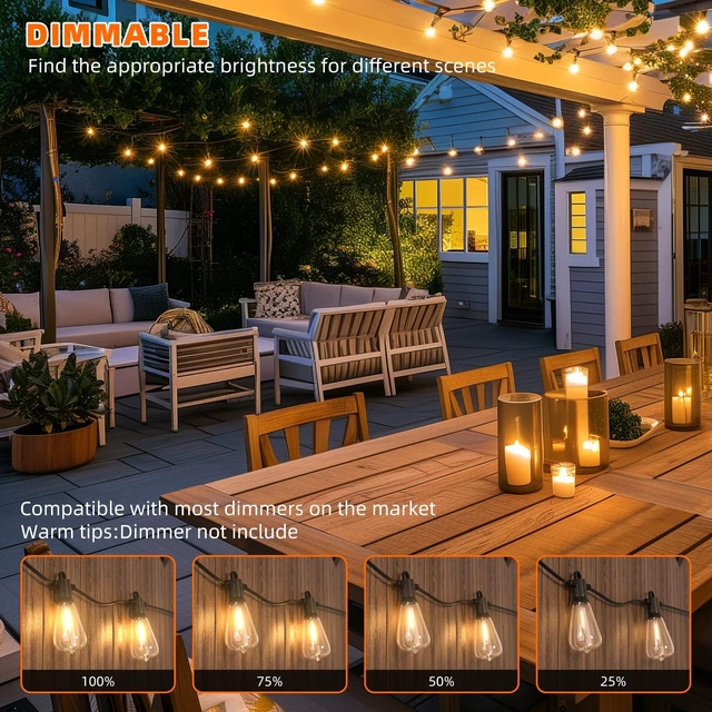 Alt view image 3 of 7 - Outdoor String Lights 150FT for Patio Garden Porch Bistro Cafe | Outdoor Lights String, 72+3 Shatterproof 2700K Dimmable IP65 Waterproof, Edison Bulbs for Backyard Camping Deck Balcony Party