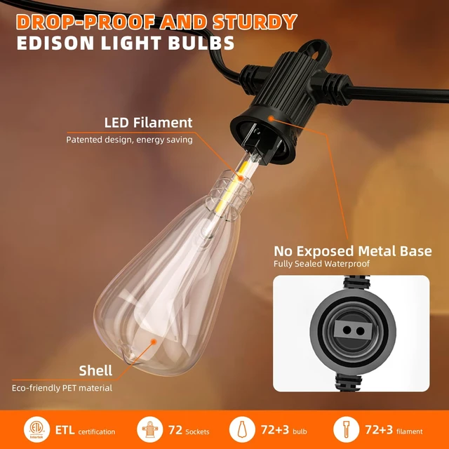 Alt view image 5 of 7 - Outdoor String Lights 150FT for Patio Garden Porch Bistro Cafe | Outdoor Lights String, 72+3 Shatterproof 2700K Dimmable IP65 Waterproof, Edison Bulbs for Backyard Camping Deck Balcony Party