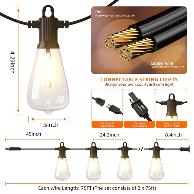Alt view image 6 of 7 - Outdoor String Lights 150FT for Patio Garden Porch Bistro Cafe | Outdoor Lights String, 72+3 Shatterproof 2700K Dimmable IP65 Waterproof, Edison Bulbs for Backyard Camping Deck Balcony Party