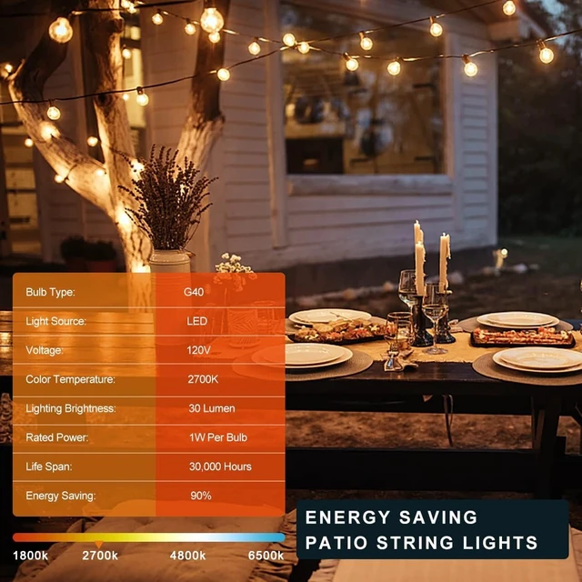 Alt view image 2 of 7 - Kawaya G40 Outdoor String Lights 100FT IP65 Waterproof 2700K Patio Light | IP65 50+2 Shatterproof Edison Globe Blubs, 2700K Warm White for Garden Porch Fence Camping Party Backyard Deck Bistro Balcony