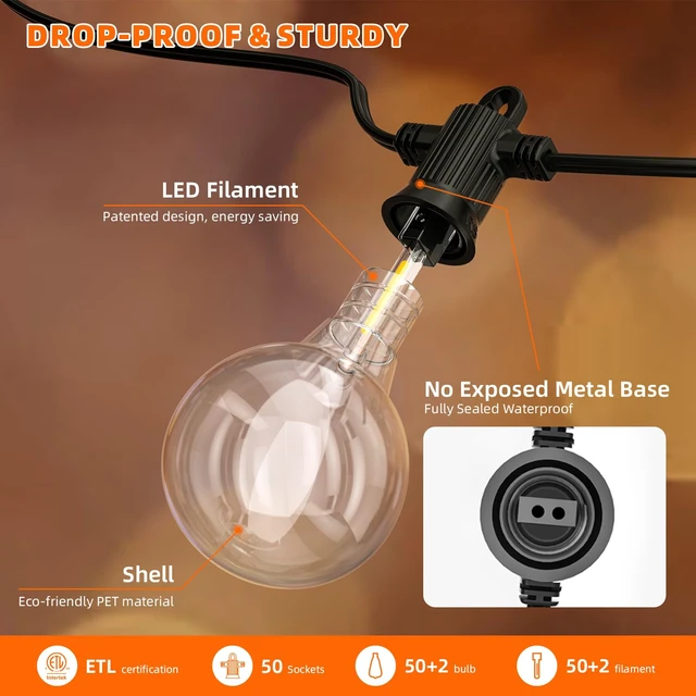 Alt view image 4 of 7 - Kawaya G40 Outdoor String Lights 100FT IP65 Waterproof 2700K Patio Light | IP65 50+2 Shatterproof Edison Globe Blubs, 2700K Warm White for Garden Porch Fence Camping Party Backyard Deck Bistro Balcony