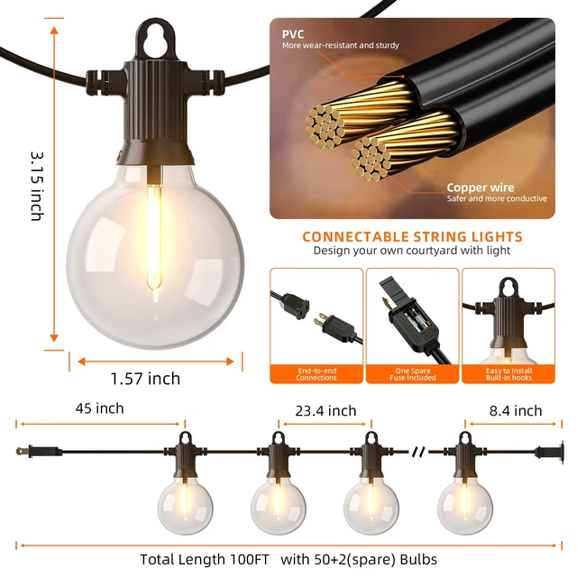 Alt view image 5 of 7 - Kawaya G40 Outdoor String Lights 100FT IP65 Waterproof 2700K Patio Light | IP65 50+2 Shatterproof Edison Globe Blubs, 2700K Warm White for Garden Porch Fence Camping Party Backyard Deck Bistro Balcony