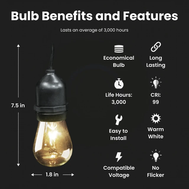 Alt view image 2 of 7 - Feit Electric Incandescent Outdoor String Lights - 20ft, Linkable, SL20-10 | 10 Clear Bulbs + 5 Spares, 16/2 Heavy-Duty Cord, 2200K Warm White, Non Dimmable, 10 Sockets