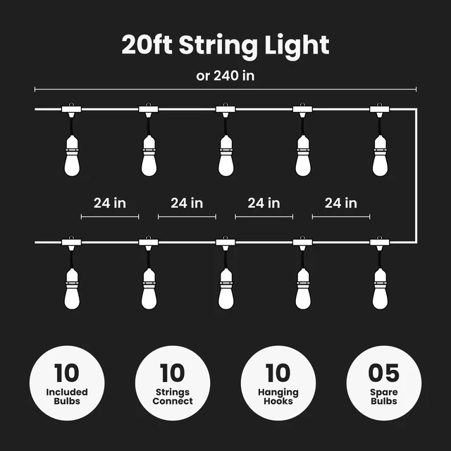 Alt view image 3 of 7 - Feit Electric Incandescent Outdoor String Lights - 20ft, Linkable, SL20-10 | 10 Clear Bulbs + 5 Spares, 16/2 Heavy-Duty Cord, 2200K Warm White, Non Dimmable, 10 Sockets