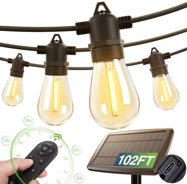 Main image of addlon 102FT(96+6) Solar String Lights Outdoor, Last 20+ Hrs, USB Charging | IP65 Waterproof. Dimmable Timer via Remote. Memory, 3 Modes, 2700K Warm White. Easy Install for Patio, Backyard, Porch.