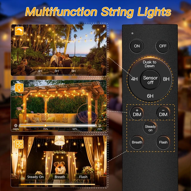 Alt view image 2 of 7 - Ollny S11 100FT Outdoor String Lights with Remote, Plug in Waterproof Connectable 3 Modes Dimmable Timers Patio Lights with 48+2 LED Spare Bulbs, Dusk to Dawn Outdoor Light for Outside Bistro Yard