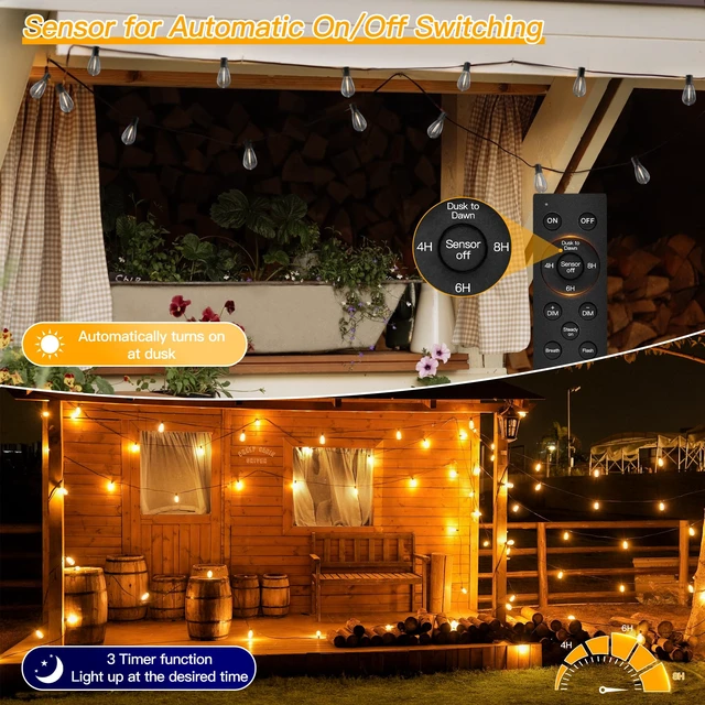 Alt view image 3 of 7 - Ollny S11 100FT Outdoor String Lights with Remote, Plug in Waterproof Connectable 3 Modes Dimmable Timers Patio Lights with 48+2 LED Spare Bulbs, Dusk to Dawn Outdoor Light for Outside Bistro Yard