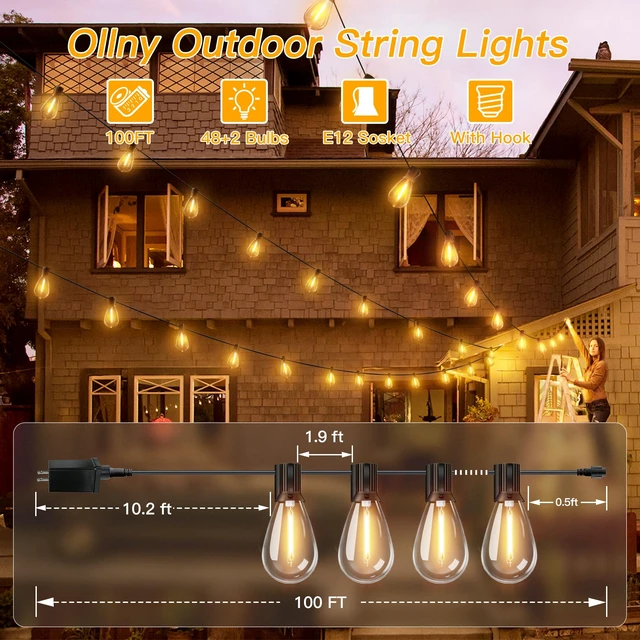 Alt view image 6 of 7 - Ollny S11 100FT Outdoor String Lights with Remote, Plug in Waterproof Connectable 3 Modes Dimmable Timers Patio Lights with 48+2 LED Spare Bulbs, Dusk to Dawn Outdoor Light for Outside Bistro Yard