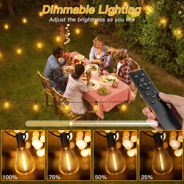 Alt view image 7 of 7 - Ollny S11 100FT Outdoor String Lights with Remote, Plug in Waterproof Connectable 3 Modes Dimmable Timers Patio Lights with 48+2 LED Spare Bulbs, Dusk to Dawn Outdoor Light for Outside Bistro Yard
