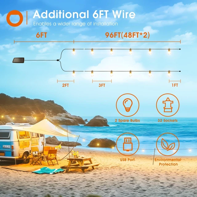 Alt view image 7 of 7 - addlon 102FT(96+6) Solar String Lights Outdoor, Last 20+ Hrs, USB Charging | IP65 Waterproof. Dimmable Timer via Remote. Memory, 3 Modes, 2700K Warm White. Easy Install for Patio, Backyard, Porch.