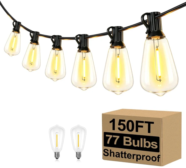 Main image of Brightever 150FT Outdoor String Lights 77 Bulbs, Waterproof Patio Lights | 2 Spare ST38 Edison Bulbs Dimmable, Connectable Plug-in LED Outdoor Lighting for Porch, Garden, Backyard, Balcony, 2700K
