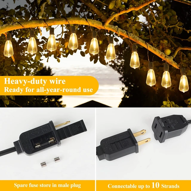 Alt view image 6 of 7 - Brightever 150FT Outdoor String Lights 77 Bulbs, Waterproof Patio Lights | 2 Spare ST38 Edison Bulbs Dimmable, Connectable Plug-in LED Outdoor Lighting for Porch, Garden, Backyard, Balcony, 2700K