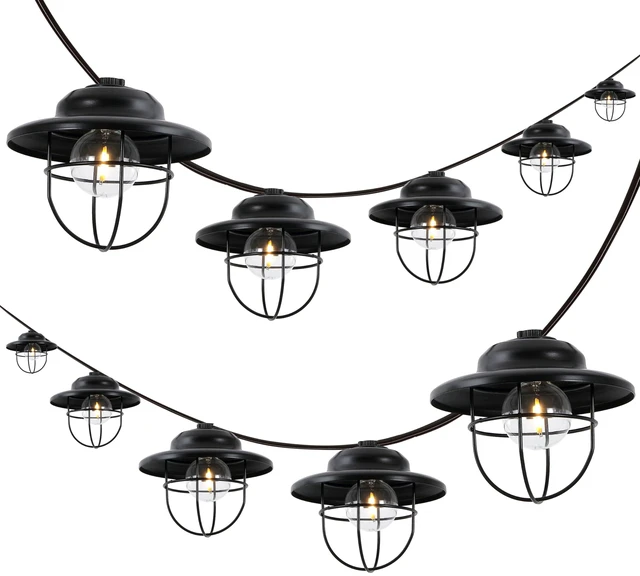 Main image of JONATHAN Y 10' Outdoor LED String Lights Metal Shades, Black | Cage Shade, Weatherproof, Connectable, UL Listed, Farmhouse Rustic Decor For Backyard and Porch, LED Bulbs Included