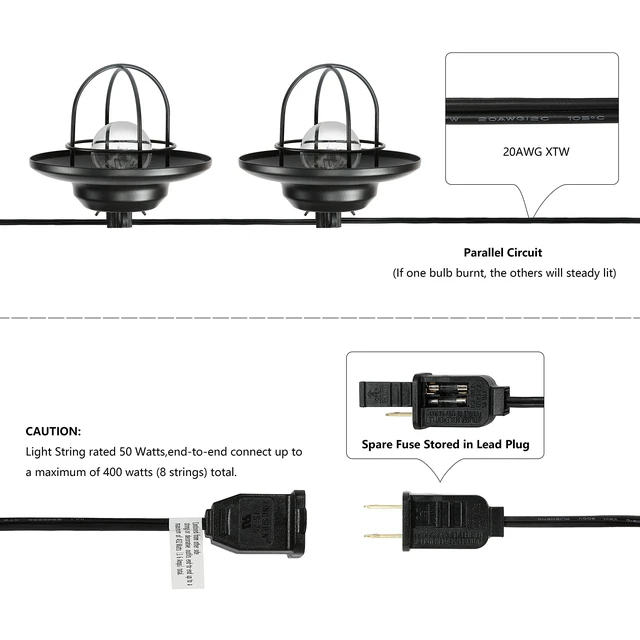 Alt view image 5 of 7 - JONATHAN Y 10' Outdoor LED String Lights Metal Shades, Black | Cage Shade, Weatherproof, Connectable, UL Listed, Farmhouse Rustic Decor For Backyard and Porch, LED Bulbs Included