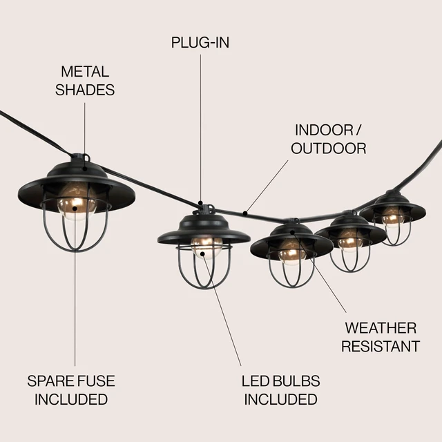 Alt view image 3 of 7 - JONATHAN Y 10' Outdoor LED String Lights Metal Shades, Black | Cage Shade, Weatherproof, Connectable, UL Listed, Farmhouse Rustic Decor For Backyard and Porch, LED Bulbs Included