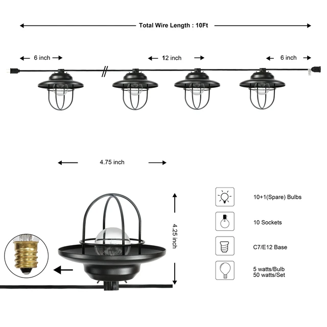 Alt view image 6 of 7 - JONATHAN Y 10' Outdoor LED String Lights Metal Shades, Black | Cage Shade, Weatherproof, Connectable, UL Listed, Farmhouse Rustic Decor For Backyard and Porch, LED Bulbs Included