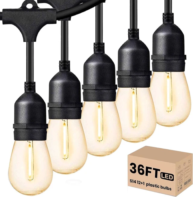 Main image of Svater Outdoor String Lights LED 36 FT S14 Commercial Grade Waterproof ETL | Outside Patio Light with Plastic 1 Watt Antique Edison E26 Bulbs, Connectable Hanging Strand for Bistro Cafe Backyard 2700K
