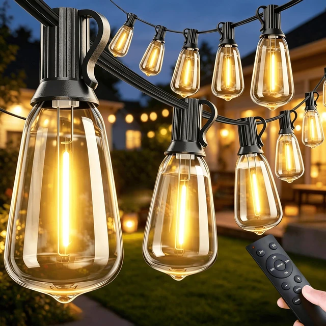 Main image of VOZUJI Outdoor Patio String Lights: 100Ft 30M Outside Waterproof Light - Remote Dimmable ST38 Shatterproof Bulb Connectable Hanging Outdoor Electric Lighting - Backyard Yard Gazebo Porch Party
