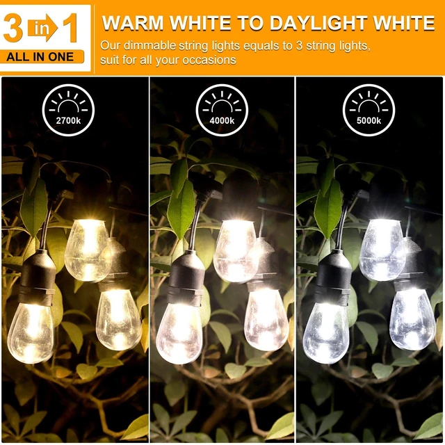 Alt view image 2 of 7 - Mlambert 3 Color Outdoor LED Dimmable String Lights with Remote 48FT, Black | Plug in, Jump/Fade/Static Modes, 2700K/4000K/5000K, 15 S14 Bulbs, Shatterproof, Waterproof, Linkable, Backyard Patio Decor