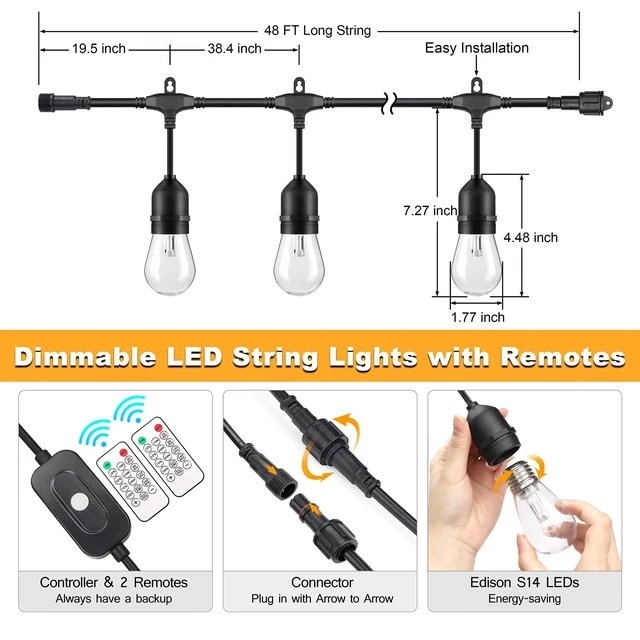 Alt view image 6 of 7 - Mlambert 3 Color Outdoor LED Dimmable String Lights with Remote 48FT, Black | Plug in, Jump/Fade/Static Modes, 2700K/4000K/5000K, 15 S14 Bulbs, Shatterproof, Waterproof, Linkable, Backyard Patio Decor