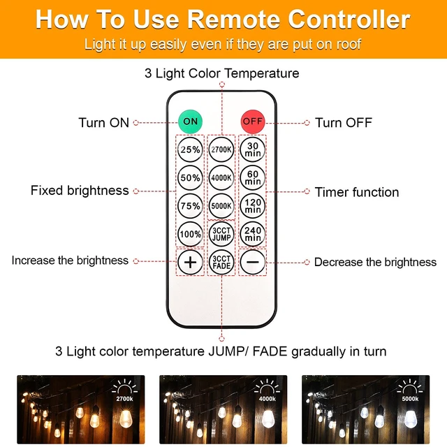 Alt view image 7 of 7 - Mlambert 3 Color Outdoor LED Dimmable String Lights with Remote 48FT, Black | Plug in, Jump/Fade/Static Modes, 2700K/4000K/5000K, 15 S14 Bulbs, Shatterproof, Waterproof, Linkable, Backyard Patio Decor