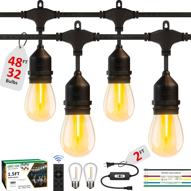Main image of EIKOSON 50FT Outdoor String Lights Waterproof with 30+2 Bulbs (1.5FT Bulbs Spacing), Remote & Dimmer, Commercial Grade Patio Lights with 3 Mode Light & Timing,100PC Ties for Outside