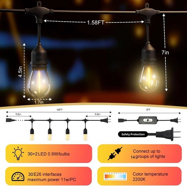 Alt view image 2 of 7 - EIKOSON 50FT Outdoor String Lights Waterproof with 30+2 Bulbs (1.5FT Bulbs Spacing), Remote & Dimmer, Commercial Grade Patio Lights with 3 Mode Light & Timing,100PC Ties for Outside