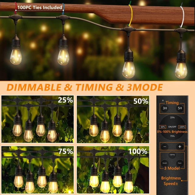 Alt view image 4 of 7 - EIKOSON 50FT Outdoor String Lights Waterproof with 30+2 Bulbs (1.5FT Bulbs Spacing), Remote & Dimmer, Commercial Grade Patio Lights with 3 Mode Light & Timing,100PC Ties for Outside