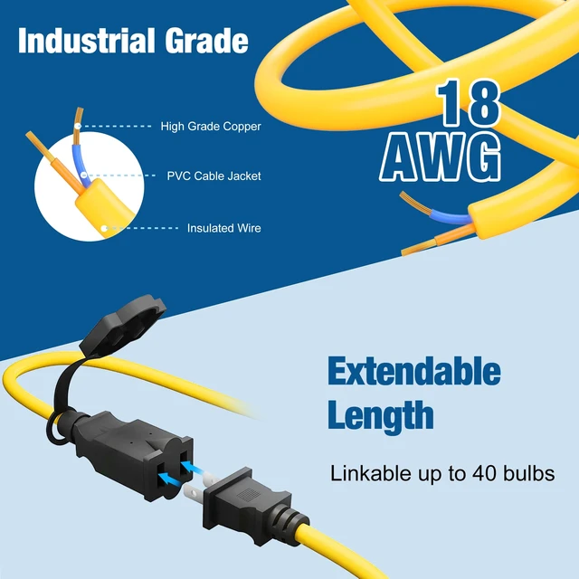 Alt view image 3 of 7 - LED Construction String Light 50FT, 50W 6000Lm,18AWG Wire,5000K Linkable String Work Lights with 5 Bulbs & Hooks, Industrial Temporary Lighting for Construction Site, Crawl Space,Job Site,Attic