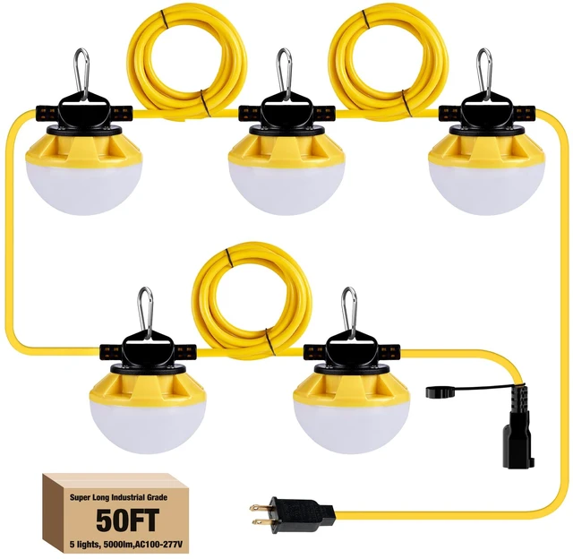 Main image of LED Construction String Light 50FT, 50W 6000Lm,18AWG Wire,5000K Linkable String Work Lights with 5 Bulbs & Hooks, Industrial Temporary Lighting for Construction Site, Crawl Space,Job Site,Attic