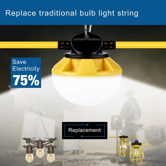 Alt view image 6 of 7 - LED Construction String Light 50FT, 50W 6000Lm,18AWG Wire,5000K Linkable String Work Lights with 5 Bulbs & Hooks, Industrial Temporary Lighting for Construction Site, Crawl Space,Job Site,Attic