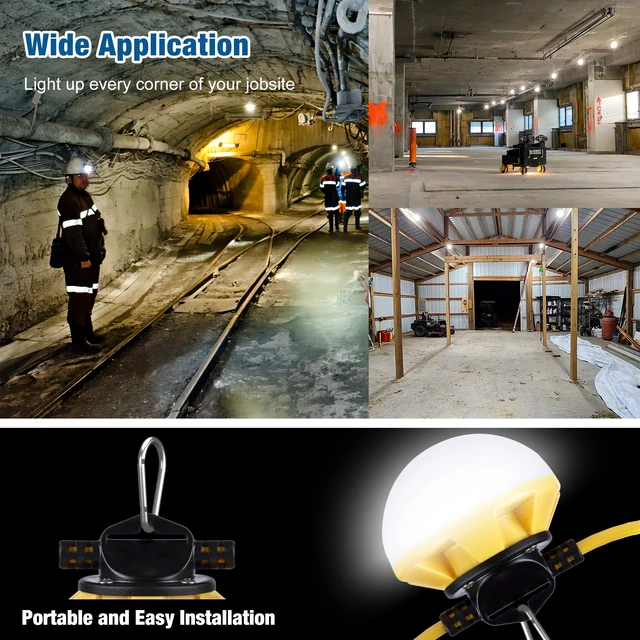 Alt view image 7 of 7 - LED Construction String Light 50FT, 50W 6000Lm,18AWG Wire,5000K Linkable String Work Lights with 5 Bulbs & Hooks, Industrial Temporary Lighting for Construction Site, Crawl Space,Job Site,Attic