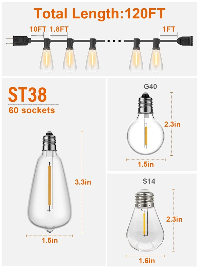 Alt view image 2 of 5 - GPATIO 120FT Outdoor String Lights, Waterproof Patio Lights with 64 Hanging Lights ST38 Bulbs, 2700k Shatterproof for Backyard Gazebo Porch Garden Outside Decor