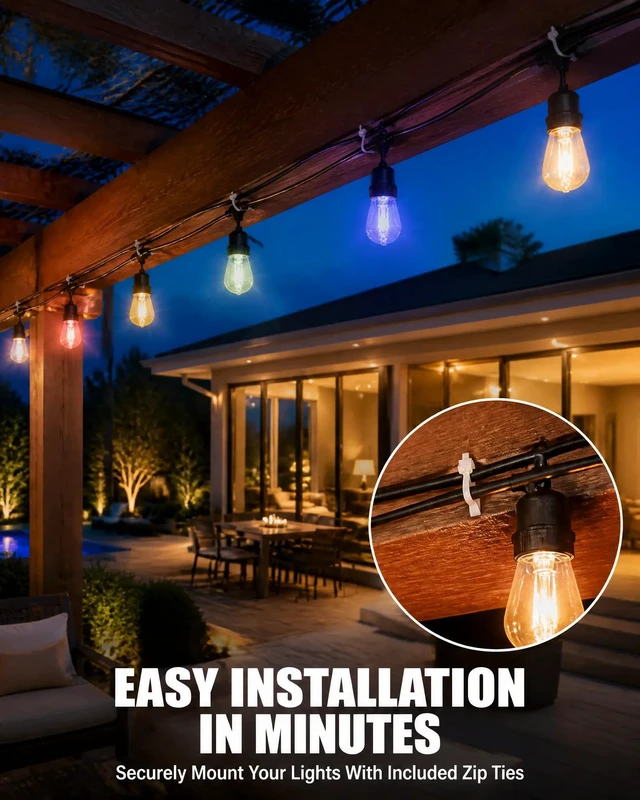 Alt view image 3 of 7 - VoxCynHue Outdoor String Lights, 50FT RGBW Color Changing Patio Lights with Remote and APP, Dimmable IP65 Waterproof Shatterproof LED Lights for Backyard Garden Party Decor