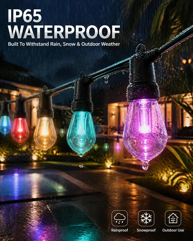 Alt view image 2 of 7 - VoxCynHue Outdoor String Lights, 50FT RGBW Color Changing Patio Lights with Remote and APP, Dimmable IP65 Waterproof Shatterproof LED Lights for Backyard Garden Party Decor