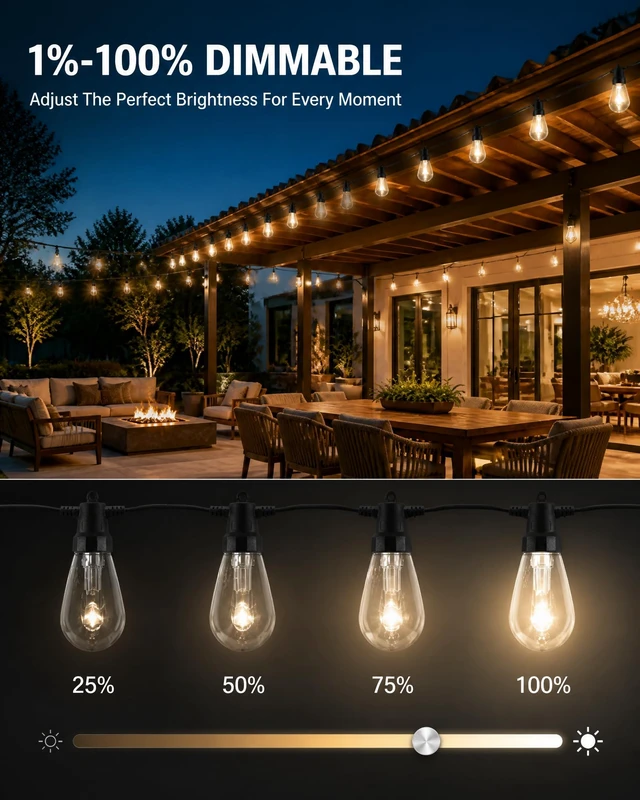 Alt view image 4 of 7 - VoxCynHue Outdoor String Lights, 50FT RGBW Color Changing Patio Lights with Remote and APP, Dimmable IP65 Waterproof Shatterproof LED Lights for Backyard Garden Party Decor