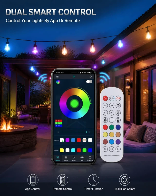 Alt view image 6 of 7 - VoxCynHue Outdoor String Lights, 50FT RGBW Color Changing Patio Lights with Remote and APP, Dimmable IP65 Waterproof Shatterproof LED Lights for Backyard Garden Party Decor
