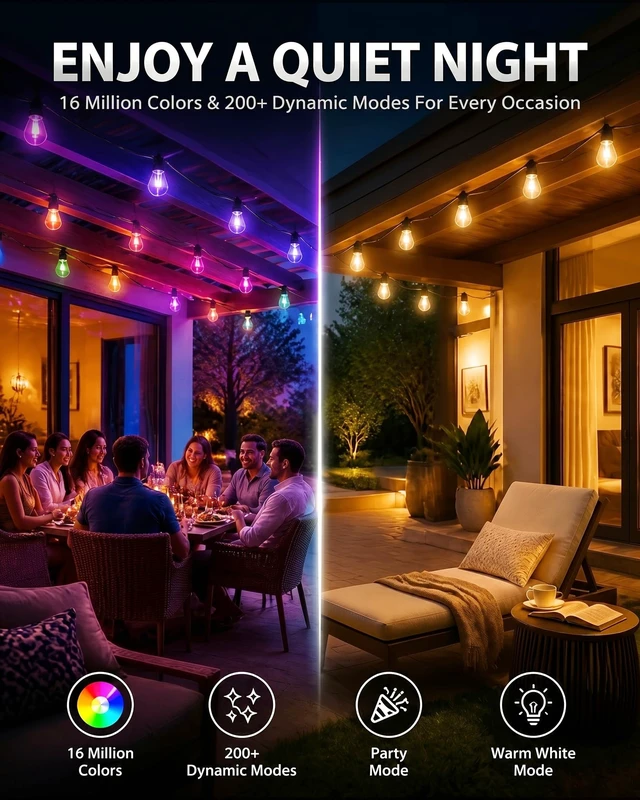 Alt view image 7 of 7 - VoxCynHue Outdoor String Lights, 50FT RGBW Color Changing Patio Lights with Remote and APP, Dimmable IP65 Waterproof Shatterproof LED Lights for Backyard Garden Party Decor