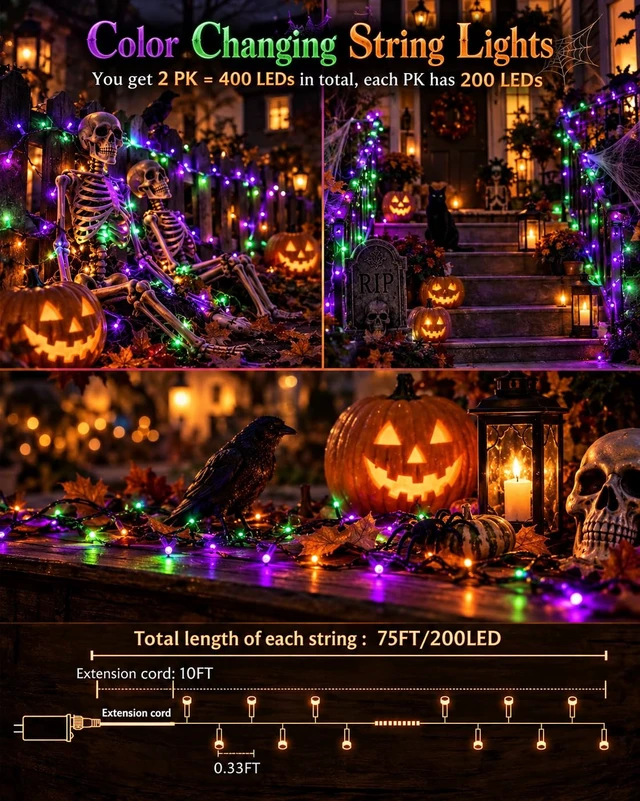 Alt view image 6 of 7 - 2Pack 400LED Smart Color Changing String Lights Halloween Lights App Remote | 150FT Purple Orange Green, 16M Colors, Remote Timer, Music Sync, Waterproof RGB Twinkle Lights Outdoor for Halloween Decor