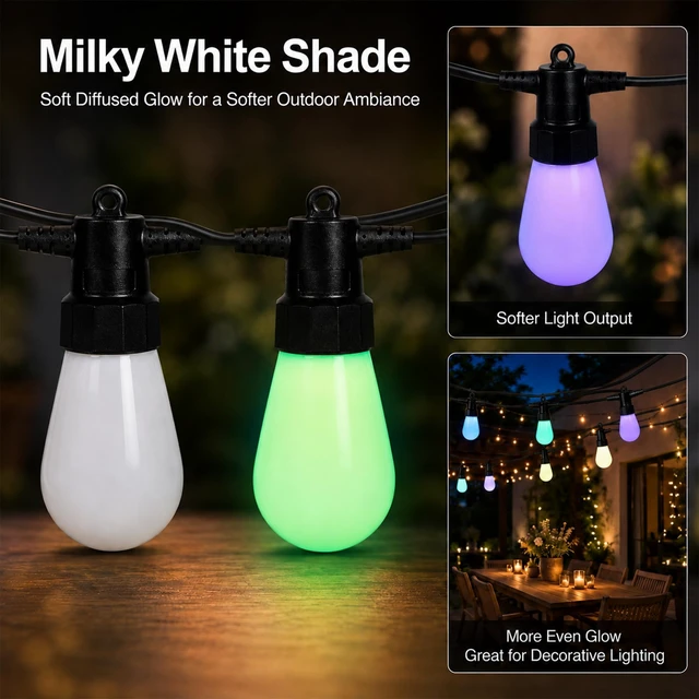 Alt view image 2 of 7 - VellXelZor Outdoor String Lights 50FT, Milky White RGBW Patio Lights | 20 ST14 bulbs, app control, remote control, music mode, timer, for backyard, pergola, deck decor
