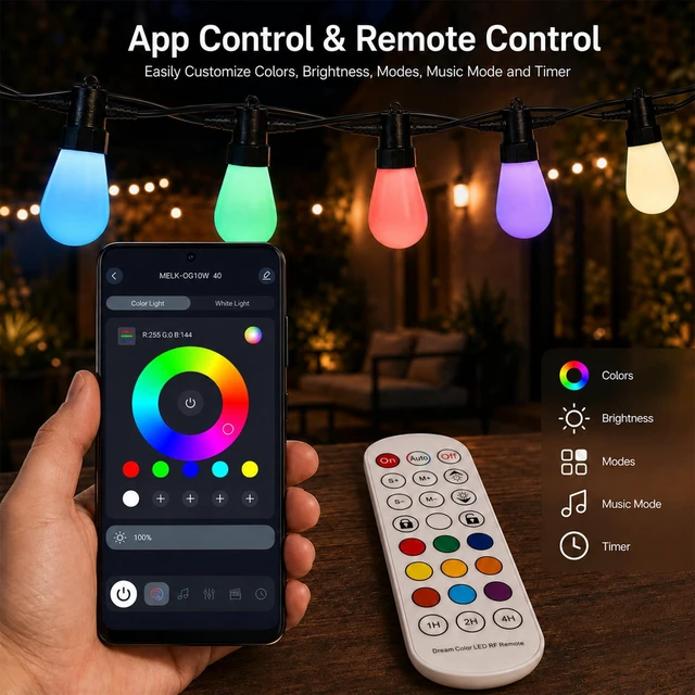 Alt view image 3 of 7 - VellXelZor Outdoor String Lights 50FT, Milky White RGBW Patio Lights | 20 ST14 bulbs, app control, remote control, music mode, timer, for backyard, pergola, deck decor