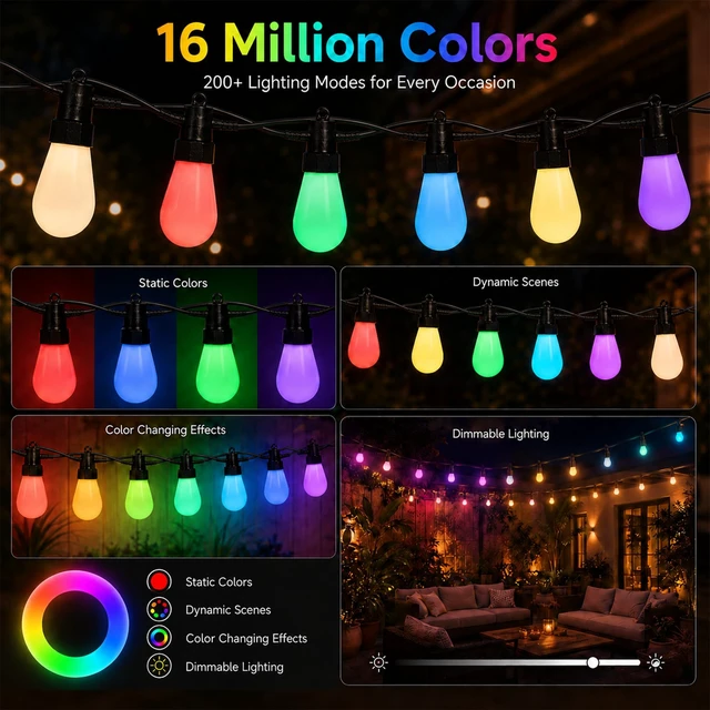 Alt view image 4 of 7 - VellXelZor Outdoor String Lights 50FT, Milky White RGBW Patio Lights | 20 ST14 bulbs, app control, remote control, music mode, timer, for backyard, pergola, deck decor