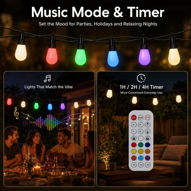 Alt view image 5 of 7 - VellXelZor Outdoor String Lights 50FT, Milky White RGBW Patio Lights | 20 ST14 bulbs, app control, remote control, music mode, timer, for backyard, pergola, deck decor