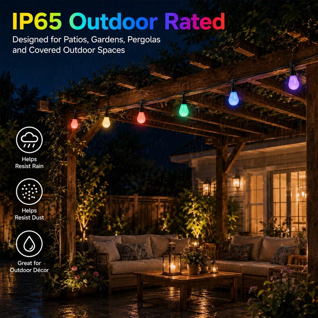 Alt view image 6 of 7 - VellXelZor Outdoor String Lights 50FT, Milky White RGBW Patio Lights | 20 ST14 bulbs, app control, remote control, music mode, timer, for backyard, pergola, deck decor