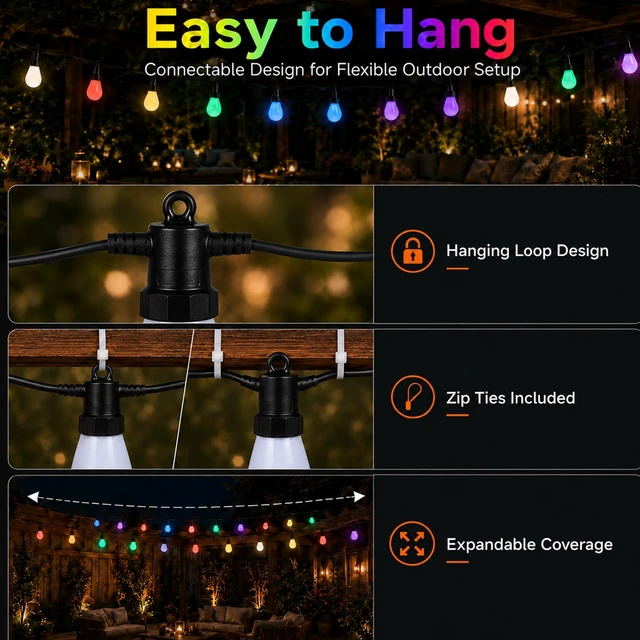 Alt view image 7 of 7 - VellXelZor Outdoor String Lights 50FT, Milky White RGBW Patio Lights | 20 ST14 bulbs, app control, remote control, music mode, timer, for backyard, pergola, deck decor