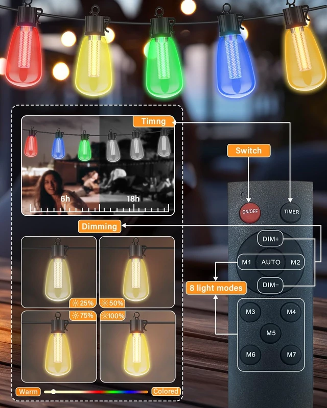 Alt view image 2 of 5 - 98FT Outdoor String Lights with Remote - Multicolor & Warm White, 8 Light Modes Timer Waterproof Patio Lights Plug In Dimmable String Lights Shatterproof for Outside Porch Backyard Party